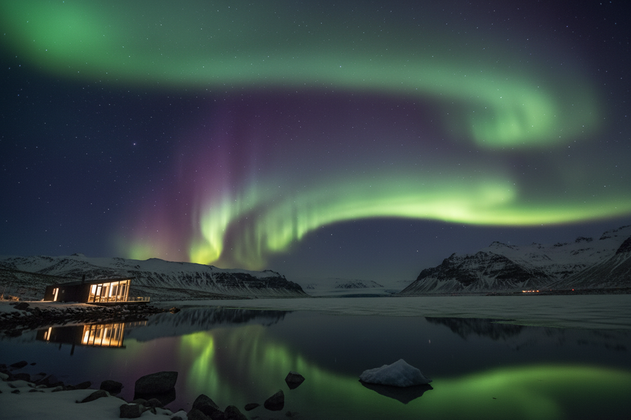 Northern lights aurora borealis over glacial lake Iceland